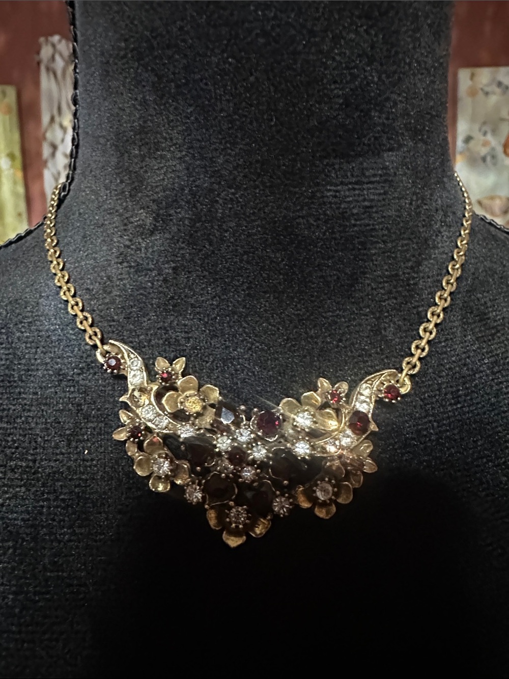 Gold Floral Vine Statement Necklace with Red and Clear Stones
